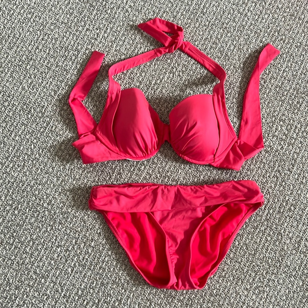 Kenneth Cole Pink Coral Full coverage Bra top Swimsuit Swim Bikini Set 34D S
